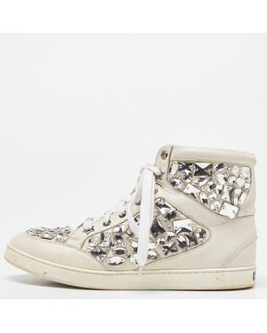 Jimmy Choo Leather Tokyo Crystal Embellished High Top Sneakers - White