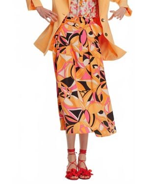 Exquise Abstract Print Belted Midi Skirt - Orange