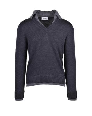 Alpha Studio V-Neck Long Sleeve Knit Sweater With Ribbed Cuffs - Blue
