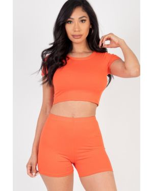 TRUEDAMES Short Sleeve Crop Top & Shorts Set - Orange