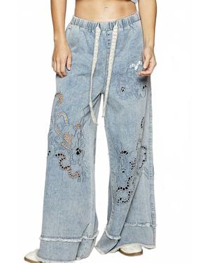 Pol Denim Vintage Wash Outseam Woven Twill Wide Pants - Blue