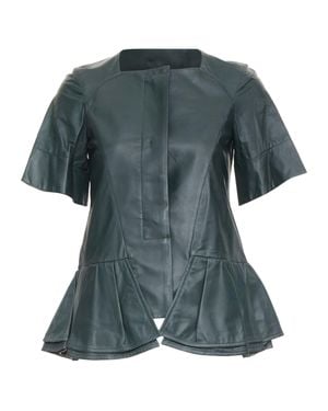 Marni Dark Nappa Lamb Leather Paneled Ruffled Peplum Jacket It38 Xs - Gray