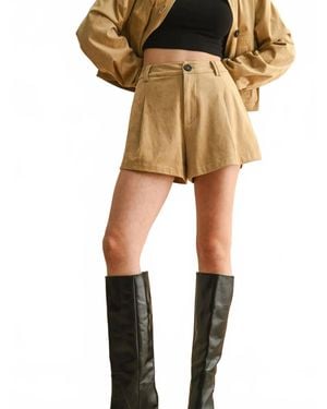 Miou Muse Pleated Suede Shorts - Natural
