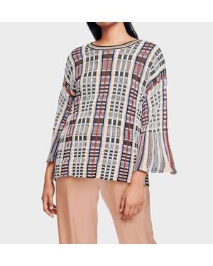 White + Warren Plaid Flare Sleeve Crewneck Blouse - White