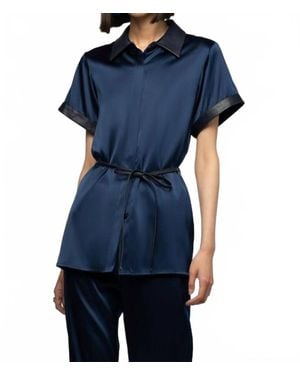 Max & Moi Langelika Silk Top With Leather Detail - Blue