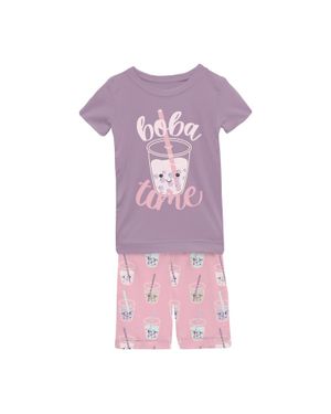 KICKEE Kids' Short Sleeve Graphic Tee Pajama Set With Shorts - Purple