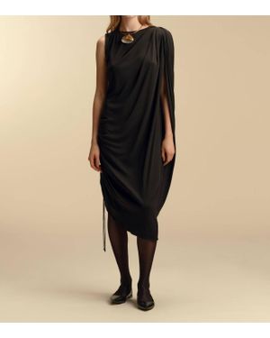 Marina Moscone One-Shoulder Asymmetrical Draped Midi Dress - Black
