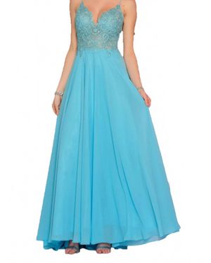 Dave & Johnny Flowy V-Neck Prom Dress - Blue