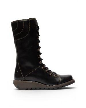 Fly London Leather Lace-Up Combat Ankle Boots- Ster768 - Black