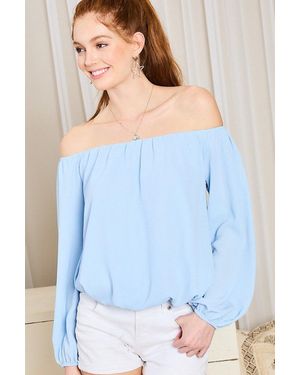 TRUEDAMES Off Shoulder Long Bubble Sleeve Solid Top - Blue