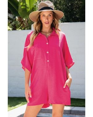 TRUEDAMES Bright Half Button Collared Loose Romper - Pink