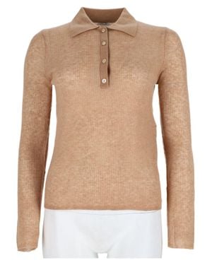 Aspesi Cropped Ribbed Knit Wool-Blend Polo Sweater - Natural