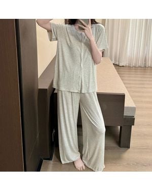 TRUEDAMES Lace Trim Short Sleeves Top Pants Loungewear Pajama Set - Brown