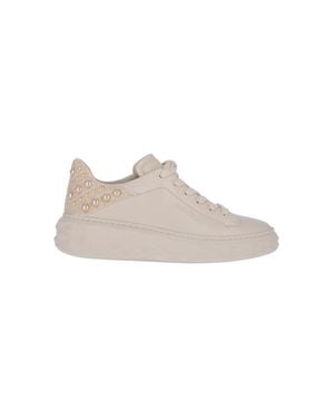 Jimmy Choo Cream Leather Textured Sole Pearl Detail Sneakers - Natural