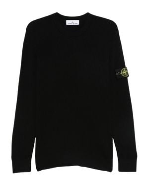 Stone Island Ribbed Virgin Wool Sweater With Iconic Compass Badge - Black