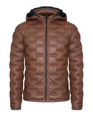 Infinity Leather Hooded Puffer Quilted Bomber Jacket - Brown