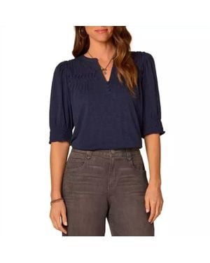 Democracy Mandarin Collar Top With Elbow Blouson Sleeve And Pintuck Detail - Blue