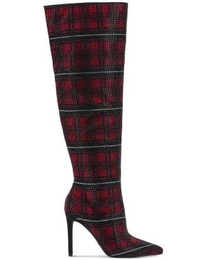 INC Saveria Rhinestone Plaid Over-The-Knee Boots - Red