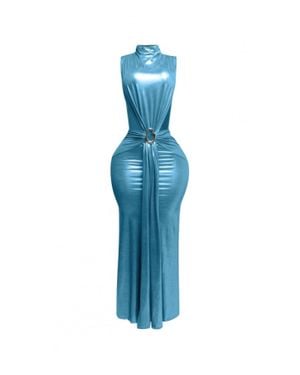 TRUEDAMES Mock Neck And Tied Waist Dress - Blue