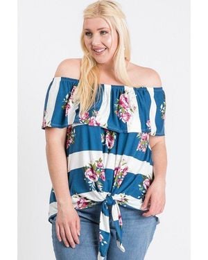 TRUEDAMES Off Shoulder Ruffled Front Tie Top - Blue