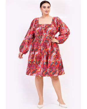 Leota Genevieve Square Neck Mini Dress Palm Foliage Poppy - Red