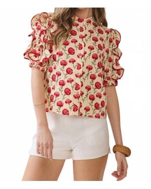 TCEC Fruit Floral Ruffle Sleeve Top - White