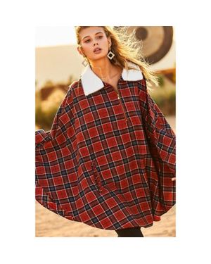 TRUEDAMES Mock Neck With Zipper Contrast Inside Front Pocket Plaid Poncho - Red
