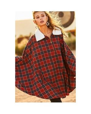 TRUEDAMES Mock Neck With Zipper Contrast Inside Front Pocket Plaid Poncho - Red