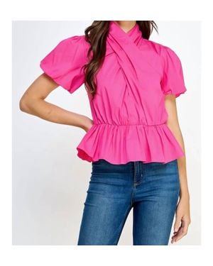 Strut & Bolt Cross Neck Puff Sleeve Blouse - Pink