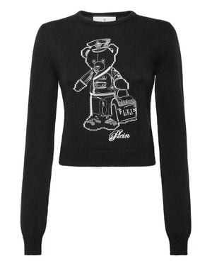 Philipp Plein Cropped Round Neck Pullover Teddy - Black