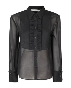 Tela Sheer Ruffle Classic-Collar Shirt - Black