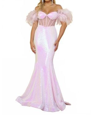 Ava Presley Off-The-Shoulder Gown With Feather Accents - Purple
