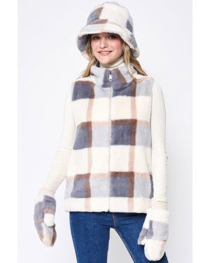 TRUEDAMES Plaid Faux Fur Vest - White