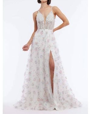Vienna Prom Floral Plunging V-Neckline A-Line Long Gown - White
