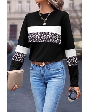 TRUEDAMES Leopard Colorblock Patchwork Crew Neck Long Sleeve Tee - Black