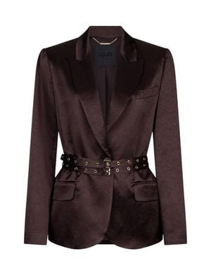 Liu Jo Crinkled Satin Belted Blazer Jacket - Brown