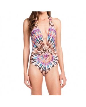 Kenneth Cole V-Plunge Halter One Piece Swimsuit - Blue