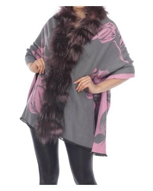 Belle Fare Real Fox Trim Cashmere Blend Floral Wrap Cover-Up - Multicolor