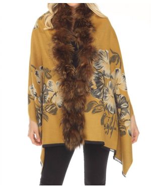 Belle Fare Real Fox Trim Cashmere Blend Floral Wrap Cover-Up - Yellow