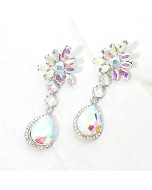 Fashnzfab Floral Crystal Teardrop Cluster Drop Evening Earrings - White
