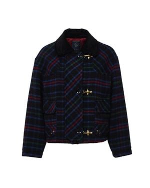 Fay Tartan Wool-Blend Velvet Collar Bomber Jacket - Blue