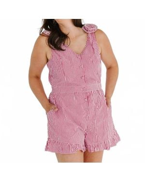 Skies Are Blue Striped Floral Shoulder Romper - Purple