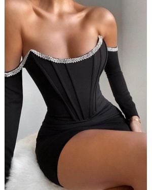 Miss Circle Annika Off Shoulder Long Sleeve Corset Dress With Crystal Trim - Black