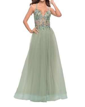 La Femme A-Line Tulle High Slit Prom Dress - Green