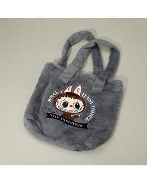Fashnzfab Monster Bunny Character Embroidered Faux Fur Plush Tote Bag - Gray