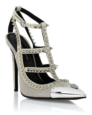 Philipp Plein Leather Strass Sandals High Heels Studs - White