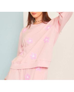 Main Strip Round Neck Flower Patch Sweatshirt - Pink