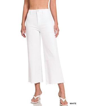 Zenana Acid Wash Frayed Hem Cropped Straight Pants - White