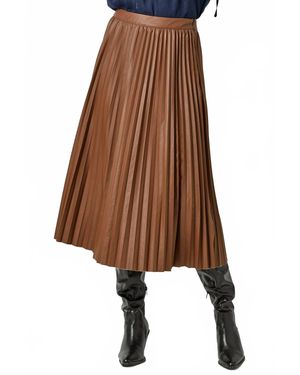 Mystree Leather Pleated Midi Skirt - Brown