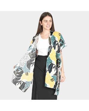 TRUEDAMES Tropical Leaf Patterned Cover Up Kimono Poncho - Yellow
